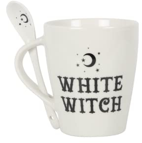 Something Different FI_45831 - Juego de taza y cuchara de cristal con diseño de bruja blanca, 10 cm x 11,5 cm (1 pieza), porcelana china