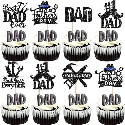 SYKYCTCY 24 Pack Happy Father's Day Cupcake Toppers Glitter Best Dad Ever Cupcake Picks Love Father #1 Dad Tie Moustache Hat Tool Cake Decorations for Happy Father's day Theme Men Birthday Party Black