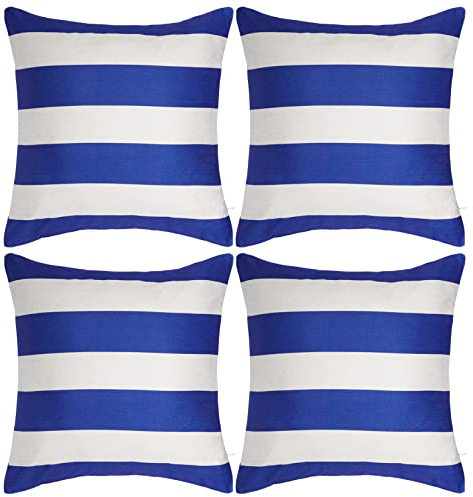 tiggell wasserdichte Kissenbezüge für den Außenbereich, dekorativer Gartenkissenbezug, für Zuhause, Garten, Terrasse, Couch, Balkon, gestreift, 45,7 x 45,7 cm, Blau und Weiß, 4 Stück