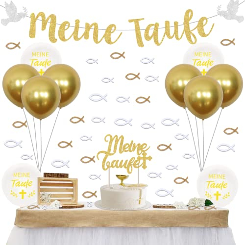 Sursurprise Meine Taufe Dekorationen Gold, Erstkommunion Kommunion Party Dekoration, Glitter Banner Girlande, Holz Fisch Kreuz Ballons für Baby Dusche Party Zubehör Jungen Mädchen