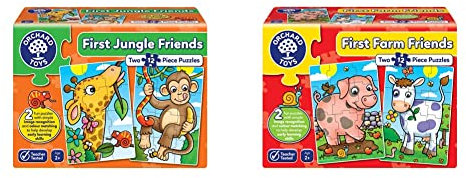Orchard Toys First Jungle Friends Jigsaw Puzzle, 12-Piece Jigsaws, Two Puzzles in a Box, Perfect For Kids Ages 2+, Develops Hand-Eye Coordination & First Farm Friends Jigsaw Puzzle