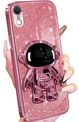 Buleens for iPhone XR Case Astronaut, Clear Cases for iPhone XR with Glitter Paper & Spaceman Stand, Women Girls Cute Electroplated Sparkly Space Phone Cover for XR