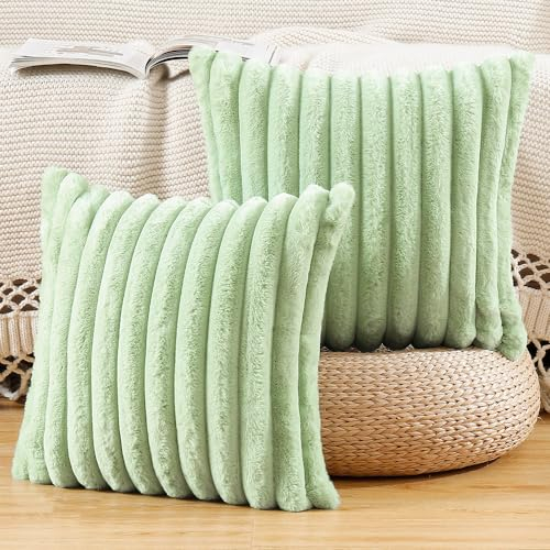 Madizz 2er Set Kunstpelz Plüsch Dekorative Kissenbezüge Flauschig Gestreifte Weich Dekorative Kissenbezug für Sofa Schlafzimmer Kissen Shell Hellgrün 40 x 40 cm