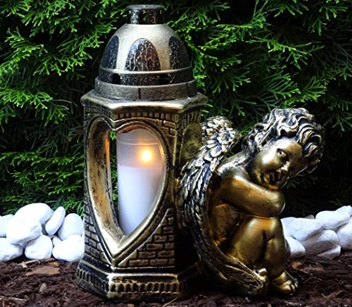 Grablaterne Grablampe Grableuchte Engel Bronze Grabschmuck Kerze Herzengel Schutzengel Grablicht Grabkerze Laterne Grabdekoration Liebe Herz Friedhof Garten