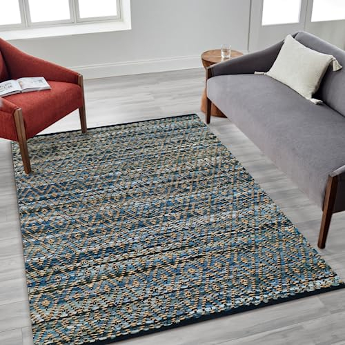 Comfy-co Teppich, Jute-Denim-Bodenteppich, 90 x 152 cm, handgewebt, rustikal, rutschfest, für Schlafzimmer, Wohnzimmer, Küche, Wohnheim, Eingangsbereich, Flur, Jute-Denim