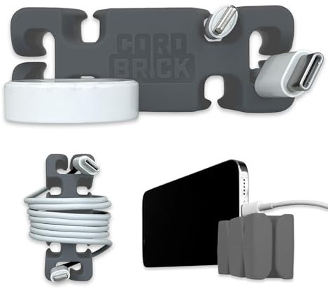 CordBrick Weighted Cord Holder for Nightstand - Phone Charger Cable Management for Travel, Phone Accessory, Stocking Stuffers for Adults - Multipurpose Gift for Home, Office, Silicone (Gray)