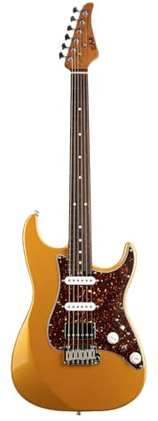 EART 6-Saiten E-Gitarren DMX-9TC Red Tortoise Pickguard Solid Body Geröstete Mahagoni Körper und Alnico V Pickups Vielseitige Töne Atemberaubende Finishs(Gold)