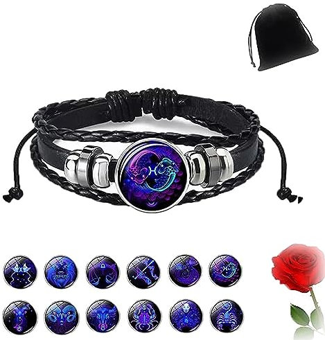HOPASRISEE Zodiac Signs Spirit Bracelet, Astrological Spirit Bracelet, Multilayer Adjustable 12 Constellation Leather Bracelet (Pisces)