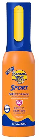 Banana Boat 360 Coverage Sport Sunscreen Mist SPF 50 | Refillable Bottle, Spray Sunscreen SPF 50, Non-Aerosol Sunblock, 360 Coverage Spray, 5.5Fl Oz