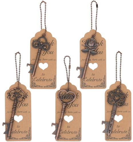 Aokbean Lot de 100 décapsuleurs vintage en forme de squelette avec carte de remerciement et chaîne pour mariage, anniversaire, baptême, fête (cuivre antique)