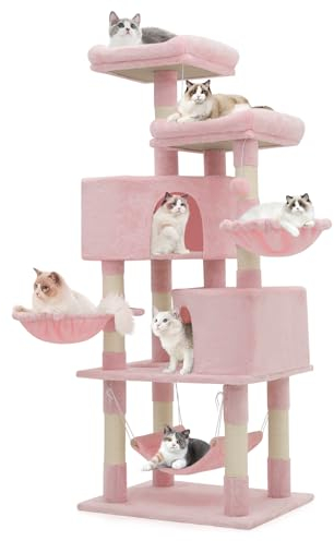 MoNiBloom Arbre à Chat de 147,3 cm avec 2 niches pour Chats, Tour à Chat avec griffoir, Tour d'escalade avec 3 hamacs, Arbre à Chat pour Chats d'intérieur, Rose Doux