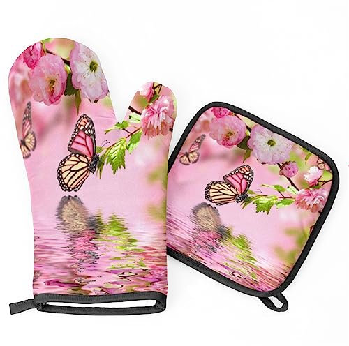 Gants De Four Et Maniques Cuisine Papillon Fleur De Cerisier Rose Ensemble De Cuisine avec Imprimer Gants De Four Résistant À La Chaleur 1 Cuisson Gant À Four + 1 Manique, pour Four, Micro-Ondes