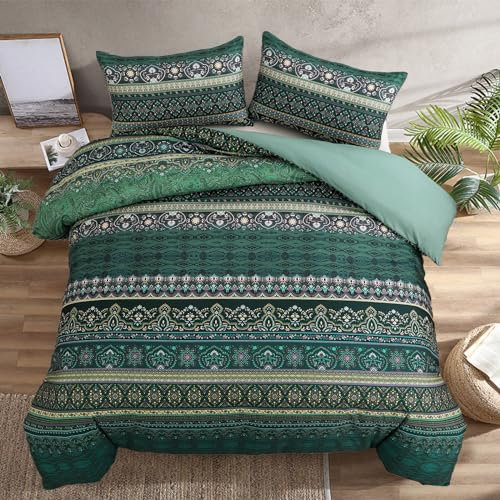 King Size Bohemian Duvet Cover Green Colorful Boho Bedding Set with 2 Pillowcases Soft Microfiber Moroccan Bed Cover 220cm X 230cm