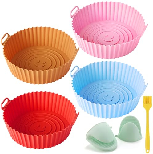FINEASY 4 Stück Silikonform für Heißluftfritteuse mit Ofenhandschuhe+Backpinsel, Airfryer Zubehör Silikoneinsatz für Heißluftfritteuse, Silikon Backform Airfryer Silikonform Set für Mikrowelle