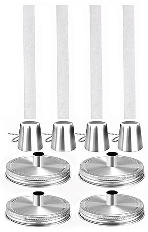 GROCKSTR Mason Jar Tischfackel-Kits, 4er Pack Regular Mouth Deckel mit Schutzrohr, Langlebige Fiberglas-Dochte und Kappen