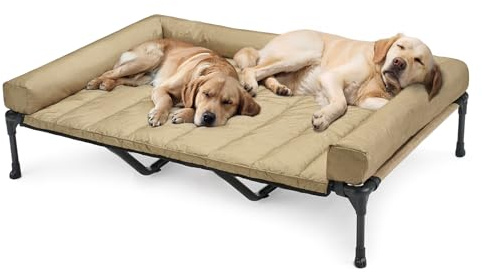 Veehoo Outdoor Hundeliege erhöht, Hundebett Erhöht mit abnehmbarem Bloster Kühlendes Erhöhtes Hundebett mit Atmungsaktivem Teslin-Netz für Haus und Garten, Beige 150 x 95 x 22.5cm