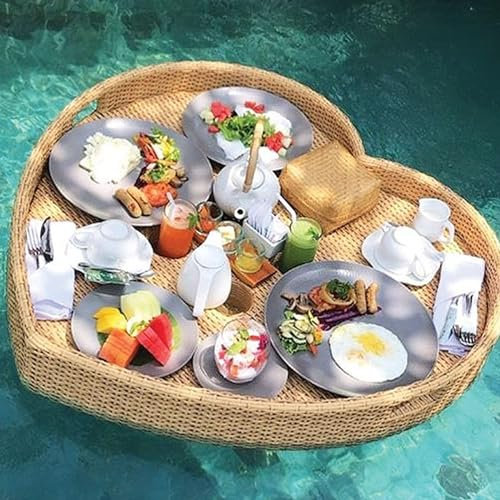 JIANGSS Vassoio per Piscina Galleggiante a Forma di Cuore, Vassoio per Colazione Galleggiante in Rattan, galleggianti per Piscina per Adulti, vassoi per Piscina, per Terme e Feste,60x60cm-Khaki