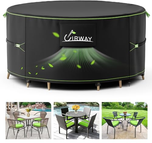 UIRWAY Redonda Funda para Muebles de Jardín Impermeable con ventilación, Ø 163 x 71 cm, Cubierta para muebles de patio al aire libre, cubierta para mesa de jardín 420D con tiras reflectantes