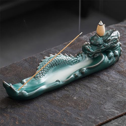 Räucherstäbchenhalter aus Keramik, Drache, mit Aschefänger, Rückfluss, perfekt für Aromatherapie, Meditation, Yoga, Spa, Raumdekoration, kein Durcheinander, Grün