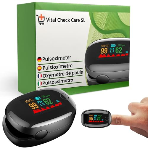 Pulsioximetro de Dedo Profesional - VITAL CHECK CARE - Oximetro Dedo Profesional, Medidor Oxigeno en Sangre Dedo, Saturacion Oxigeno Dedo, Medidor SpO2, Monitor OLED, 4 Ángulos, Pilas AAA Incluidas