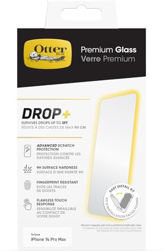 OtterBox Premium Glass Screen Protector for iPhone 14 Pro Max, Tempered Glass, advanced Scratch Protection, Survives Drops up to 3ft, Antimicrobial Protection, Non-Retail Packaging