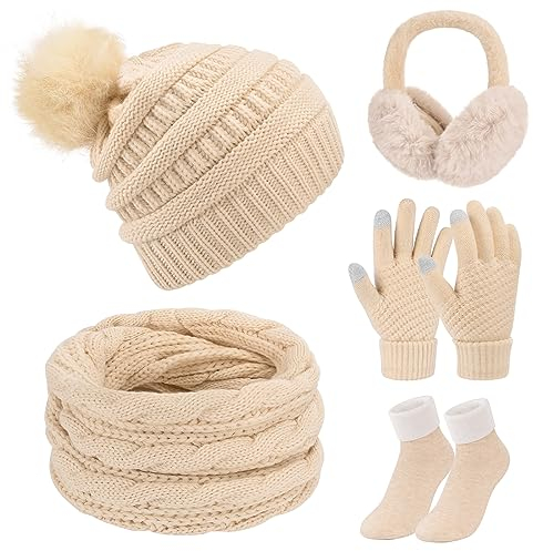 Tuopuda Mütze, Schal & Handschuh-Sets für Damen, Wintermütze Strickschal Winterhandschuhe mit Socken Ohrenwärmer 5 in 1 Set, Beanie Winter Fleece Gefütterte Geschenk für Outdoor Sport, Beige