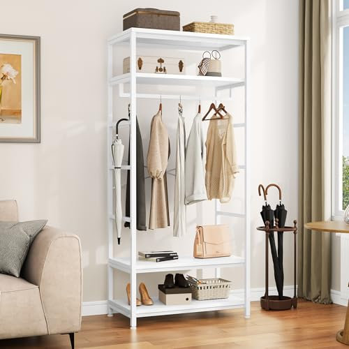 YITAHOME Coat Rack Stand with Shoe Storage, Floorstanding Hall Tree with 2 Shelves Industrial Clothes Rail Garment Rack Clothing Storage Shelving Unit for Entryway Hallway Bedroom Living Room, White