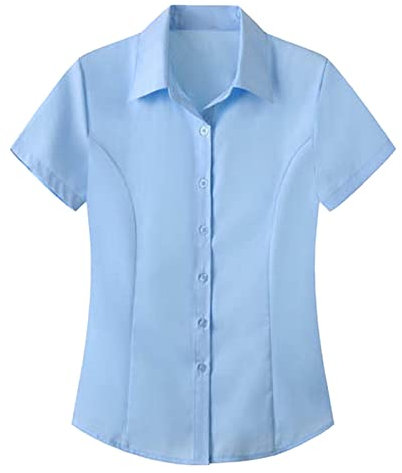 Womens Work Short Sleeve Blouse Shirts Ladies Formal Office Premium Shirts Cotton Reverse Collar Button Down Blouse Plain Easy Care Non-Iron Slim Fit Workwear Light Blue