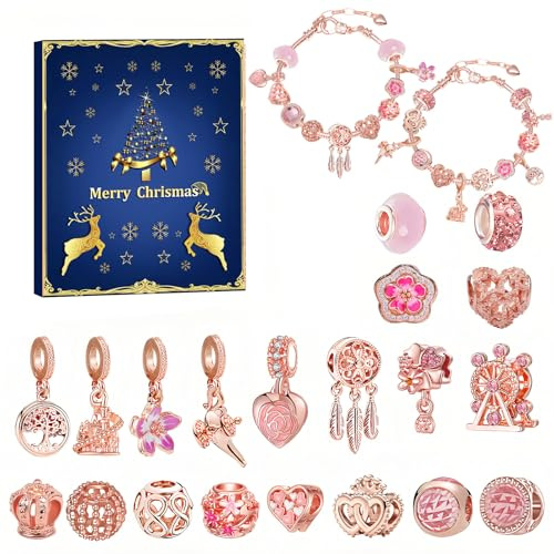 Schmuck Adventskalender 2026, Adventskalender Charms Armband Gold | 24 Tage Adventskalender Schmuck it DIY Schmuck Bastelset Geschenk 22 Charm Beads 2 Armbänder