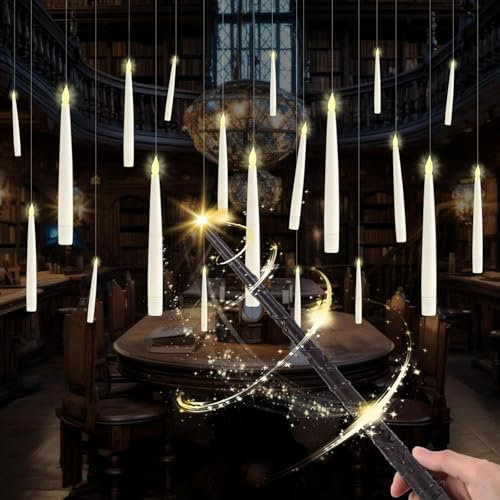 YushengTai Floating Candles, 20 Stück 16,8 cm Flackernde Schwebende Kerzen mit Har-ry Potter Zauberstab Fernbedienung, Har-ry Potter Kerzen & Zauberstab Fernbedienung für Halloween Dekoration