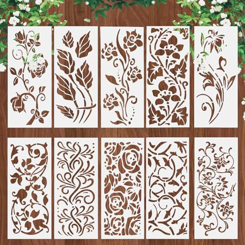 10Styles Large Flower Stencils for Painting, Border Floral Stencil for Crafts Reusable, Plastic Botanical Leaf Paint Stencils, Leaves Stencil Templates Kit on Walls Wood Canvas DIY Crafts (35×15cm)