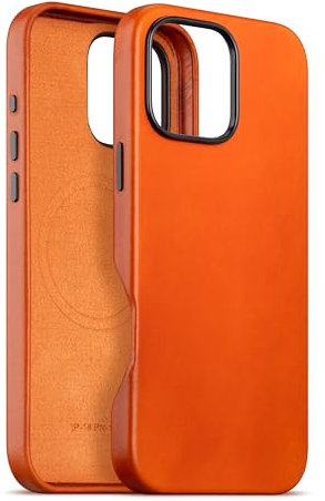 maogoam for iPhone 16 Pro Case Leather 6.3 inch, Compatible With MagSafe, Genuine Veg-Tanned Oil Wax Top-Grain Leather, Metal Buttons & Camera Bump Frame, Elegant Style, Orange