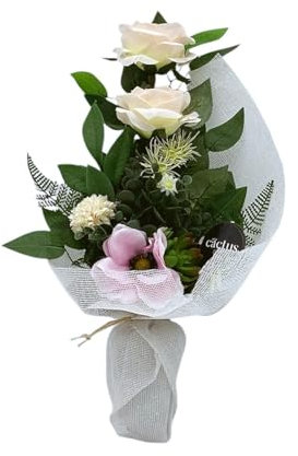 Genérico Ramo Flor Artificial para Cementerio, Rosa Abierta, anemona Rosa, Planta Grasa, Verdes Variados, 52 cm