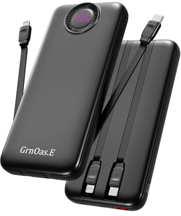 GrnOas.E Power Bank,10000mAh 22.5W Max Portable Charger Built in Cables，4 Outputs 2 Inputs External Phone Powerbank,5V/3A Fast Charging Travel Charger for iPhone Android iPad,(Pearl Black)