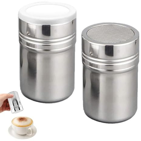 LIURFLNC 2 Stück Puderzuckerstreuer, Edelstahl Kakaostreuer Mit Deckel, Mehlstreuer Kakaostreuer für Cappuccino, Staubzuckerstreuer für Sugar Icing Salz Kakao Cappuccino