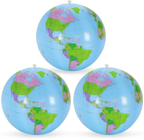 3 Stück,Aufblasbare Weltkugel Globus, PVC Weltkugel Globus, Geographie Weltkarte,wasserball aufblasbar für Strand Schule Bildung Unterricht Kinder Jugendliche,Nach dem Aufblasen 28-30CM (Blau)