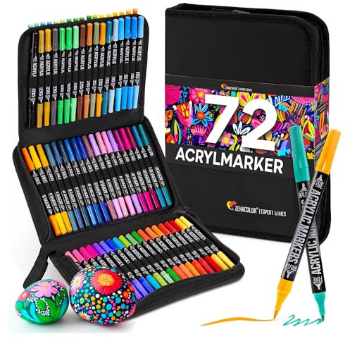 Zenacolor Feutre Acrylique 72 Couleurs - Double Pointe (Pointes Fines et Pinceau) Feutres Coloriage Adulte - Feutres Acrylique pour Diverses Surfaces - Pochette Inclue