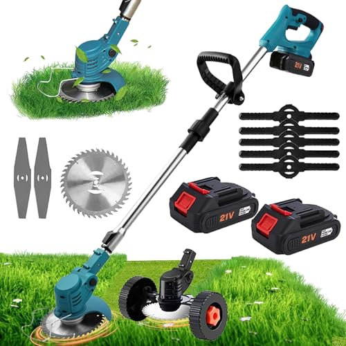 Desbrozadora Bateria de 21V, Cortabordes Bateria 380W, Desbrozadora Electrica con Ruedas, 18000RPM, 3 Tipos de Cuchillas, Plegable Retráctil, Bajo Ruido, Desenrollador de batería para jardín/Granja