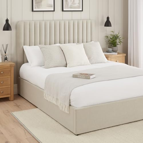The Furniture Market Savoy Fluted 5ft King Size Storage Ottoman Bed - Natural Linen Fabric, Elegant Design, Bedrooms & Guest Rooms, Comfortable & Stylish Storage Bed - H 1300mm x W 1600 x L 2130mm