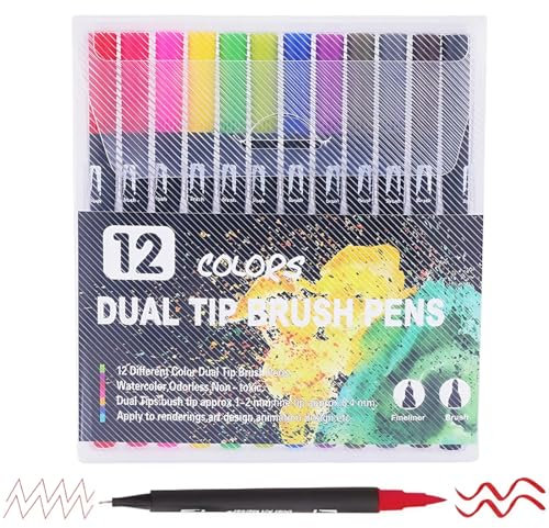 HAMKU Dual Brush Pen Set 12 Farben,Fineliner Set,Filzstifte Dicke Und Dünne,Pinselstifte Set,Stifte Für Bullet Journal,Kalligraphie,Manga,Malbücher Und Handlettering