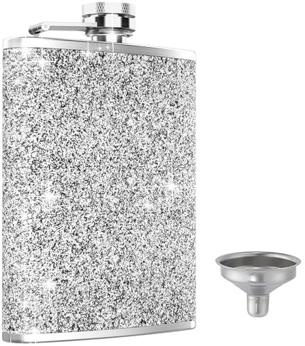 KIKISML 8Oz / 220ML Hip Flask for Liquor, Thin Portable Stainless Steel Spirit Pocket Flask with Never-Lose Cap and Funnel Leakproof for Barbecue, Camping, Hiking Party, Wedding Party Gift, Silver