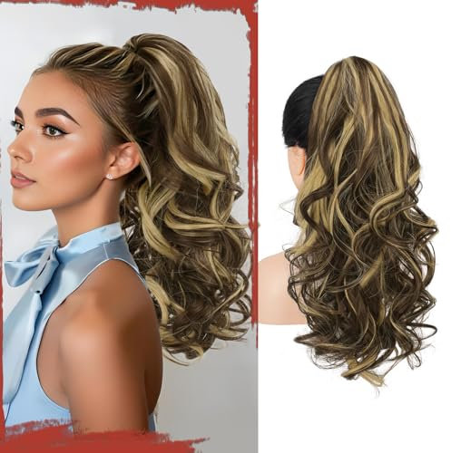 Sofeiyan Pferdeschwanz Haarteil mit Klammer, Lange Wellig Lockig Zopf Extension Claw Clip in Ponytail Extension Synthetik Haarverlängerung für Damen, 43 cm Schokoladenbraun mit Blond Strähnchen