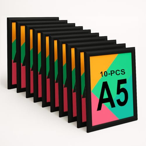 Aluanz Klapprahmen A5 Schwarz - 10er Set - Bilderleiste, Wechselrahmen mit Antireflexfolie, Posterleiste für Wandmontage, Posterrahmen Hoch- und Querformat, Plakatrahmen - 24 x 18 x 1,2 cm