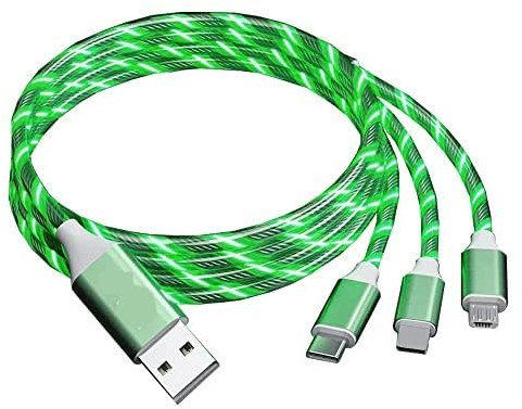 Cable de carga multicable luminoso para iPhone 3 en 1 [certificado MFI] cable Lightning con USB-C & Micro USB, cable Lightning luminoso para Apple iOS iPhone,Pad,Google,Android (verde)