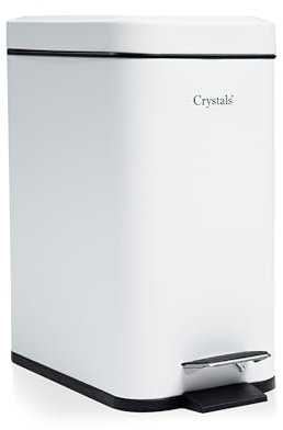 Crystals 3L Rectangular Slim Pedal Bin with Soft Close Lid – Compact Waste Bins for Bathroom, Kitchen, Toilet or Office – Hands-Free Rubbish Bin with Removable Inner Bucket, Modern Design (White)