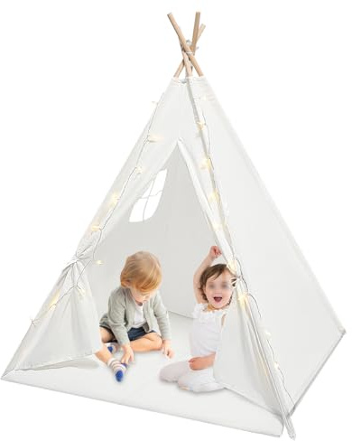 Kinderzelt für 1-3 Kinder Spielhaus Indoor Zelt Kinderzimmer Bettzelt Kinderspielhaus Spielzelt Dekor mit Matte & Farbige Lichtern für Schlafzimmer Camping (Weiß)
