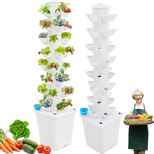 Aisny Hydroponic System, 40 Löcher Hydroponic Tower Growing System 8 Schichten Vertikal Hydroponik Turm mit 10L Wassertank Pumpe Wasserstandsanzeiger Erdloses Anbausystem für Kräuter Obst und Gemüse