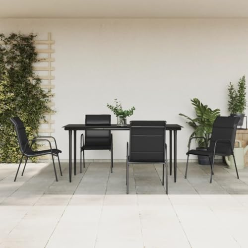 JHQHSM Salon de jardin 5 pièces noir en acier et textilène avec plateau en verre trempé et rembourrage pour terrasse Profitez de repas élégants en plein air avec cet élégant