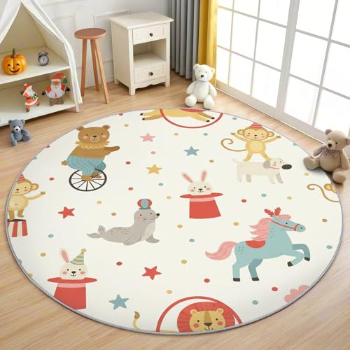 AevuCub Zirkus Kinder Teppich Rund 60 cm Kurzflor - Waschbare Teppiche Wohnzimmer Cartoon Tier Bär Pferd Kaninchen - Runder Teppich 60 cm Durchmesser - Bettvorleger Schlafzimmer rutschfest Weich