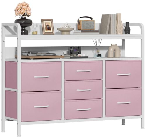 GoaHi Chest of Drawers Bedroom, 7 Fabric Drawers with 2 Layers Shelf, Storage Organizer Unit for Bedroom Living Room Closet, Sturdy Steel Frame & Wooden Top, Fabric Dresser, Pink